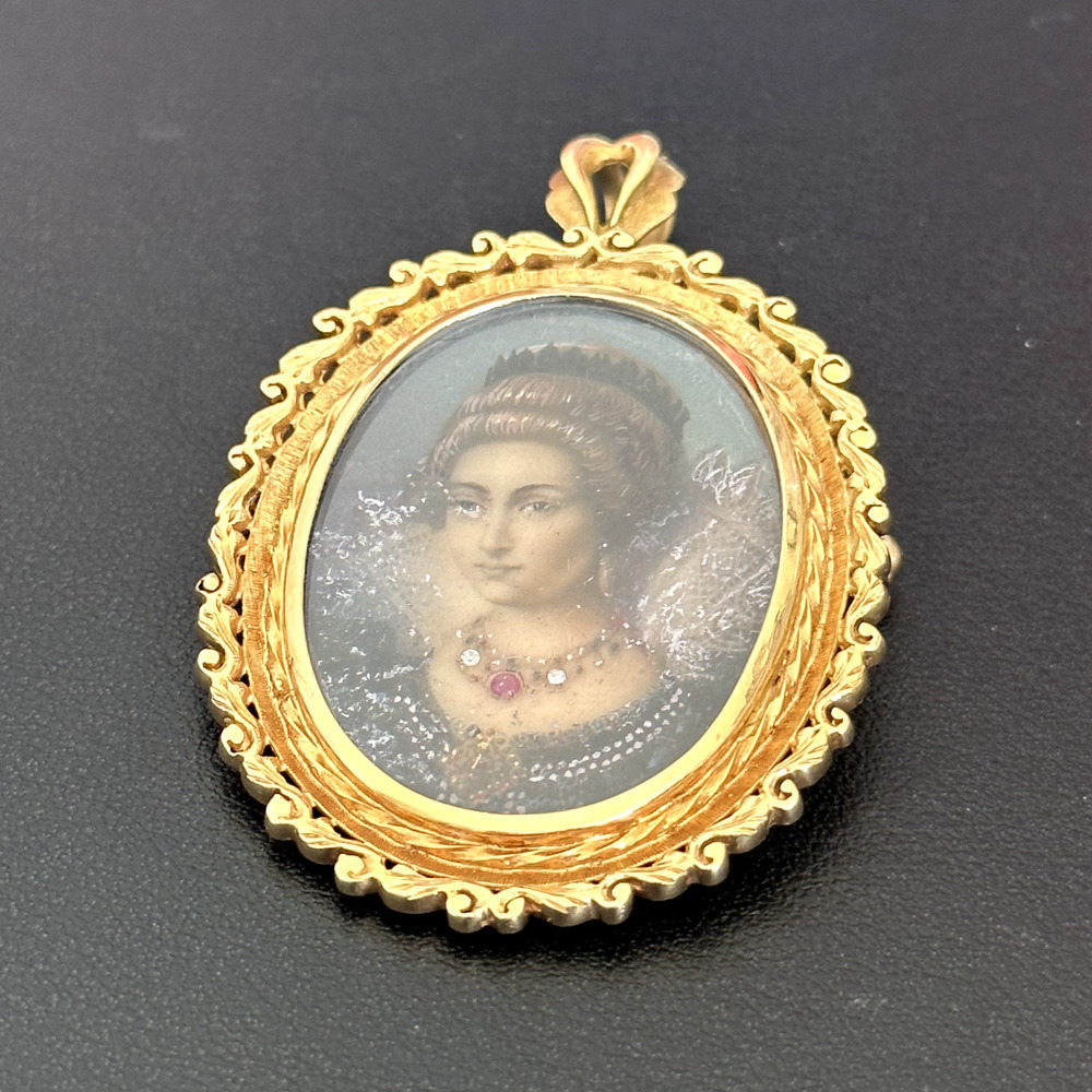 18K 750 Yellow Gold Antique Portrait Floral Scroll Framed Woman Pin Pendant - Picture 4 of 16